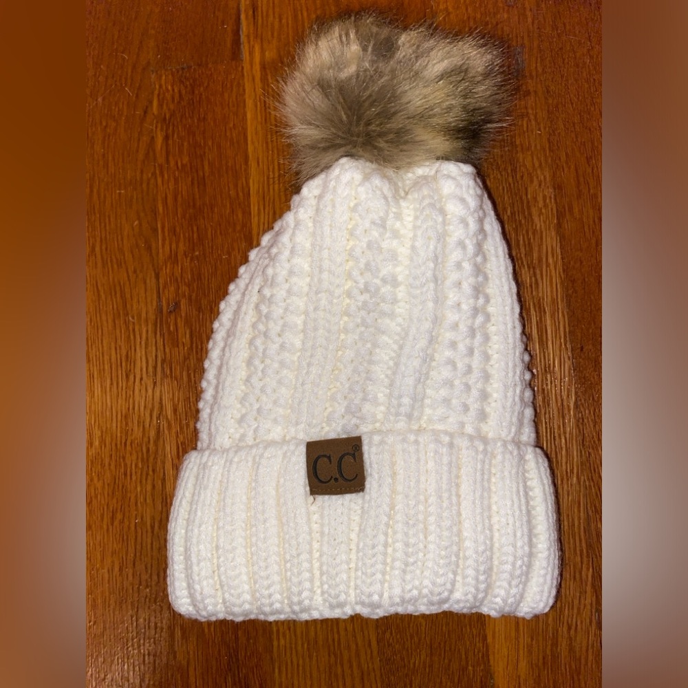 White C.C. Beanie with Pom
